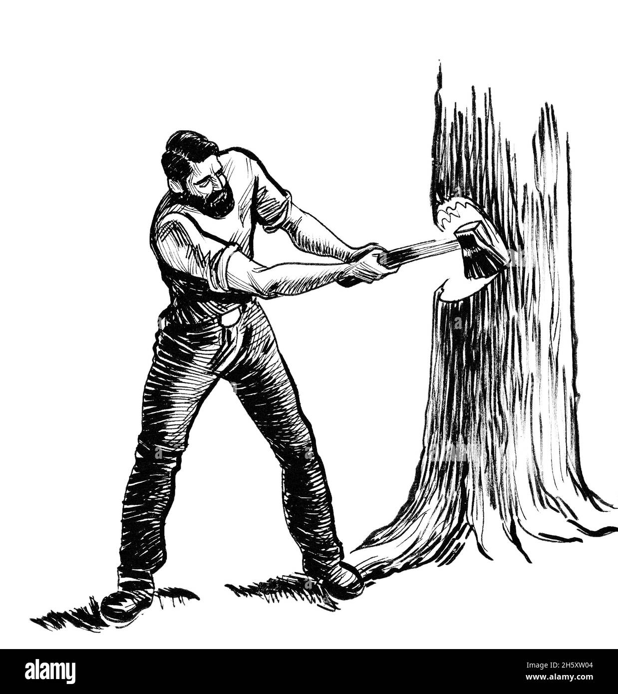 Kanadischer Holzfäller, der Baum mit Axt schneidet. Tinte schwarz-weiß Zeichnung Stockfoto