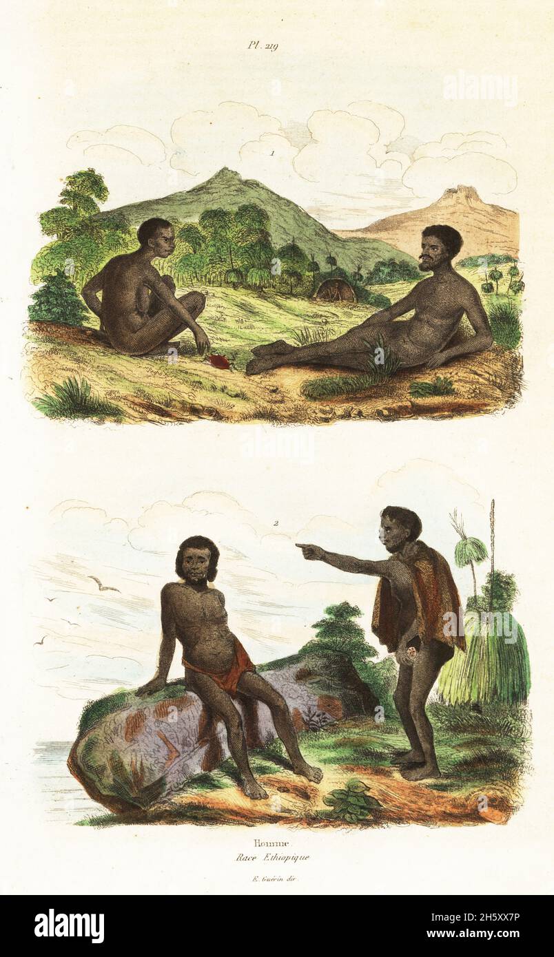 Aborigines von Sydney Cove und Paramatta, Australien. Alfourous australasien. Homme: Rasse ethiopique. Handkolorierter Stahlstich nach einer Illustration aus Felix-Edouard Guerin-Menevilles Dictionnaire Pittoresque d'Histoire Naturelle (Picturesque Dictionary of Natural History), Paris, 1834-39. Stockfoto