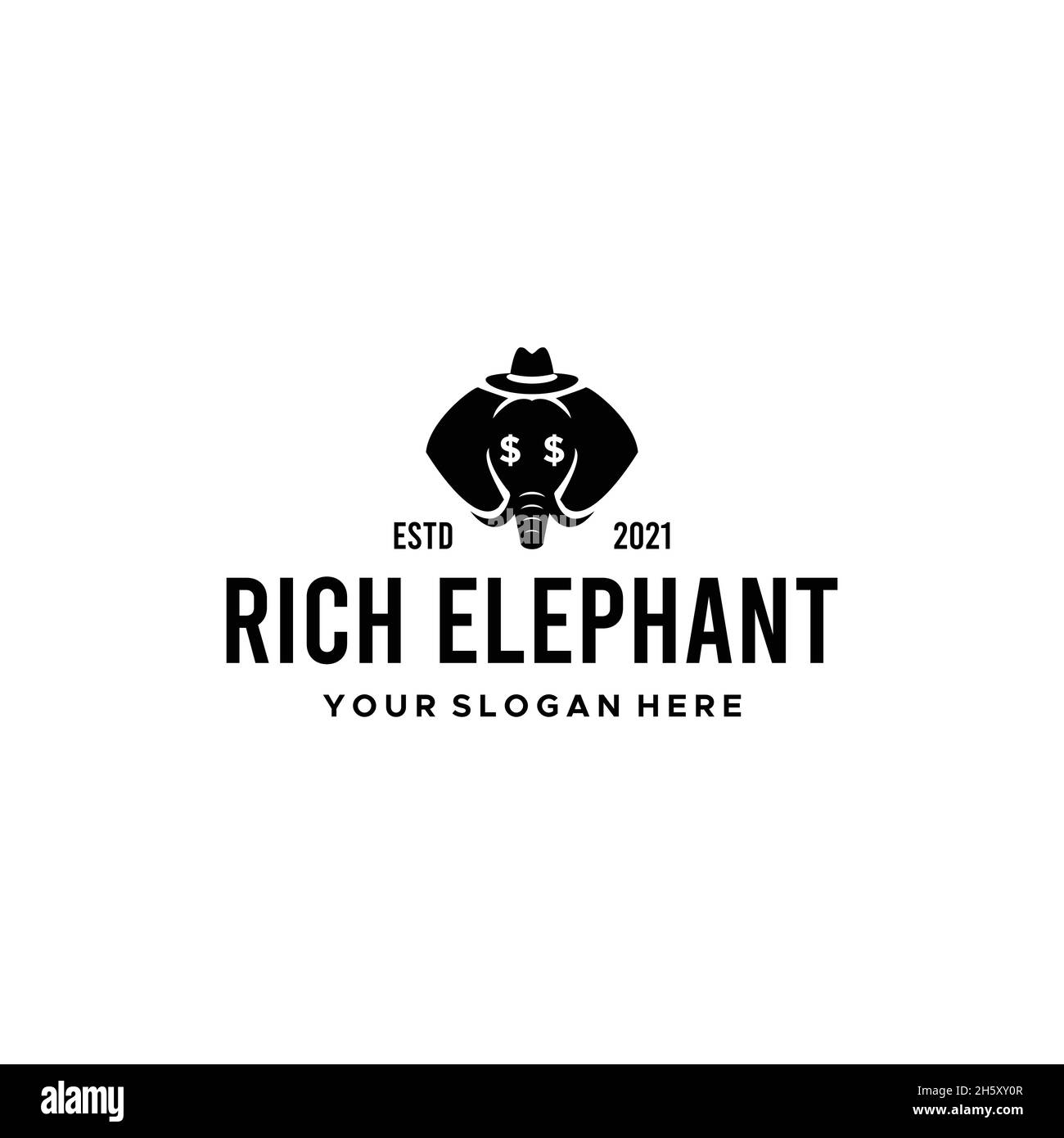 Minimalistisches DESIGN MIT HOHEM ELEFANTENMÜTZE und Rüssel-Logo Stock Vektor