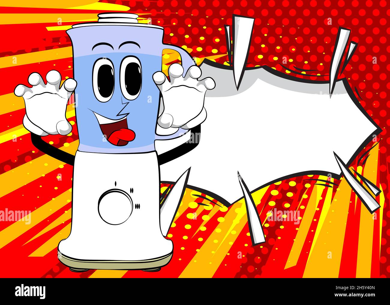 Food Blender versucht, Sie als Zeichentrickfigur mit Gesicht zu verführen. Elektrische Küchengeräte für die Lebensmittelverarbeitung. Stock Vektor