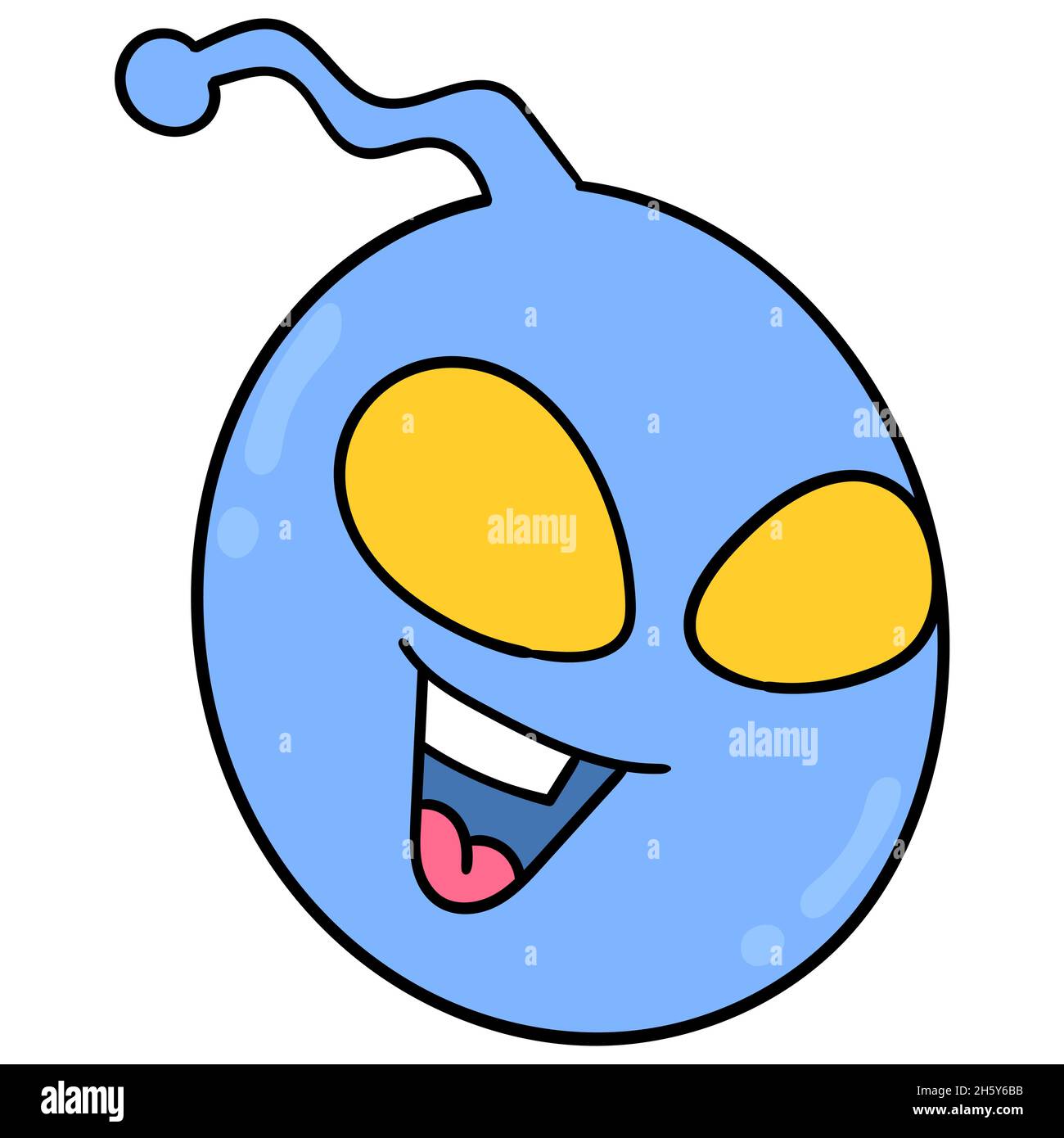 Blauer Alien-Kopf mit großen gelben Augen, die fröhlich lachen Stock Vektor