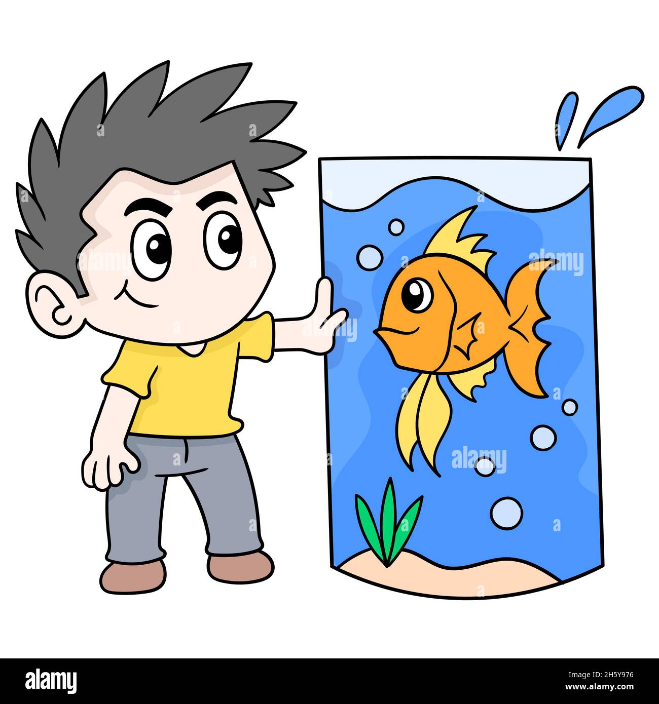 Boy ist die Aufzucht von Fischen in einem großen Aquarium Stock Vektor