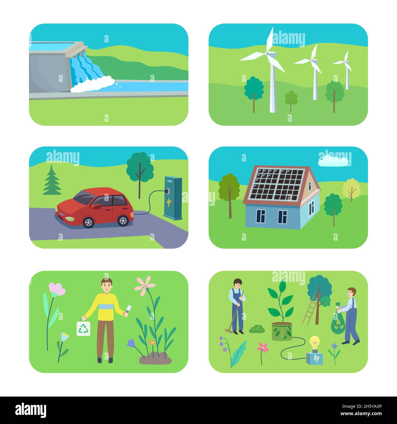 Satz von Vektorgrafiken für Öko-Energie. Farbenfrohe, handgezeichnete Cartoon-Grafik über alternative Energietechnologien Stock Vektor