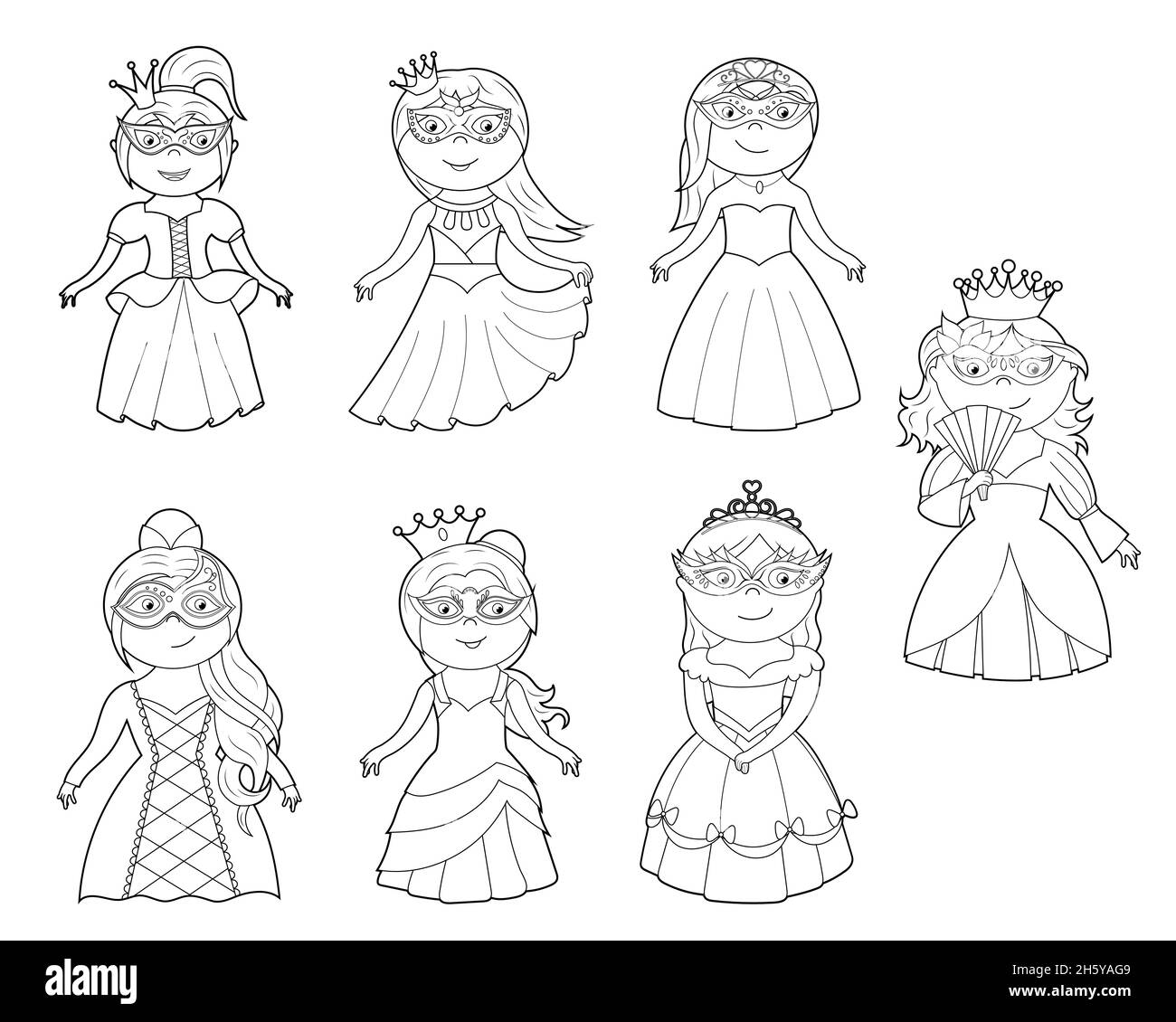 Ein Malbuch, eine niedliche Prinzessin in einem Kleid, eine Maske und eine Krone. vektor-Cartoon-Illustration isoliert auf einem weißen Hintergrund Stock Vektor