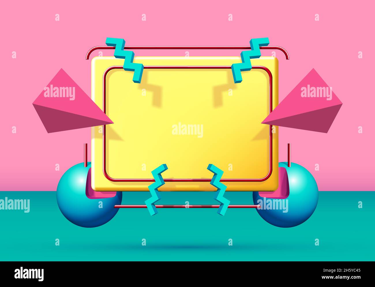 Abstrakter Rahmen im 90er-Stil mit fliegenden 3d-Objekten und -Formen. Rosa und grüner Hintergrund. Stock Vektor