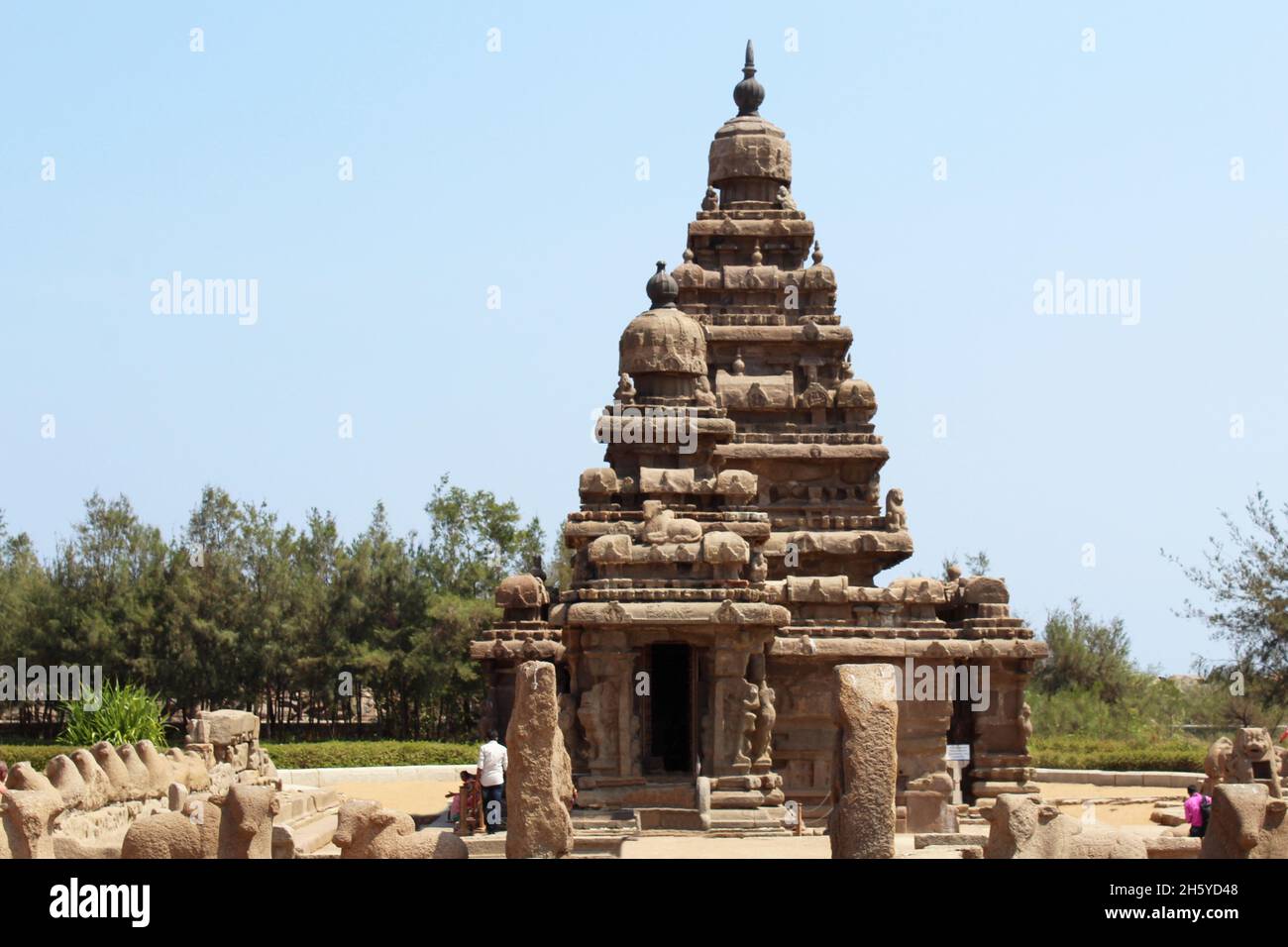Gesamtansicht des Shore-Tempels, Mahabalipuram, Tamilnadu, Indien. Es wurde zum UNESCO-Weltkulturerbe erklärt Stockfoto