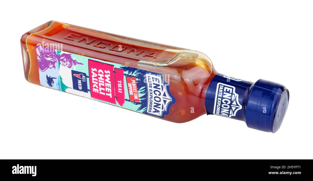 Eine Flasche Encona Taste Entdecker süße Thai Chili Dipping Sauce mittlere Hitze Stockfoto