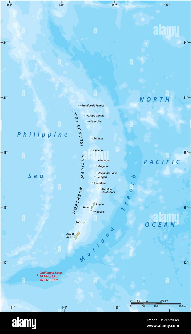 Vektorkarte der Marianen-Inseln und des Marianengrabens, USA Stock Vektor