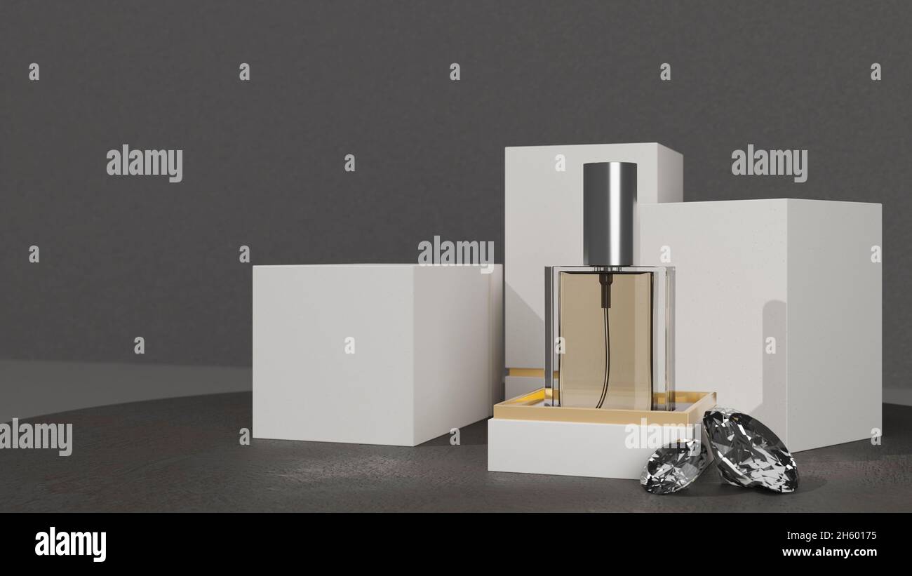 Luxus Parfüm Flasche Mockup mit weißem Sockel auf grauem Hintergrund. Luxus Produkt Mockup für Ihre Marken. 3d-Rendering, 3d-Illustration Stockfoto