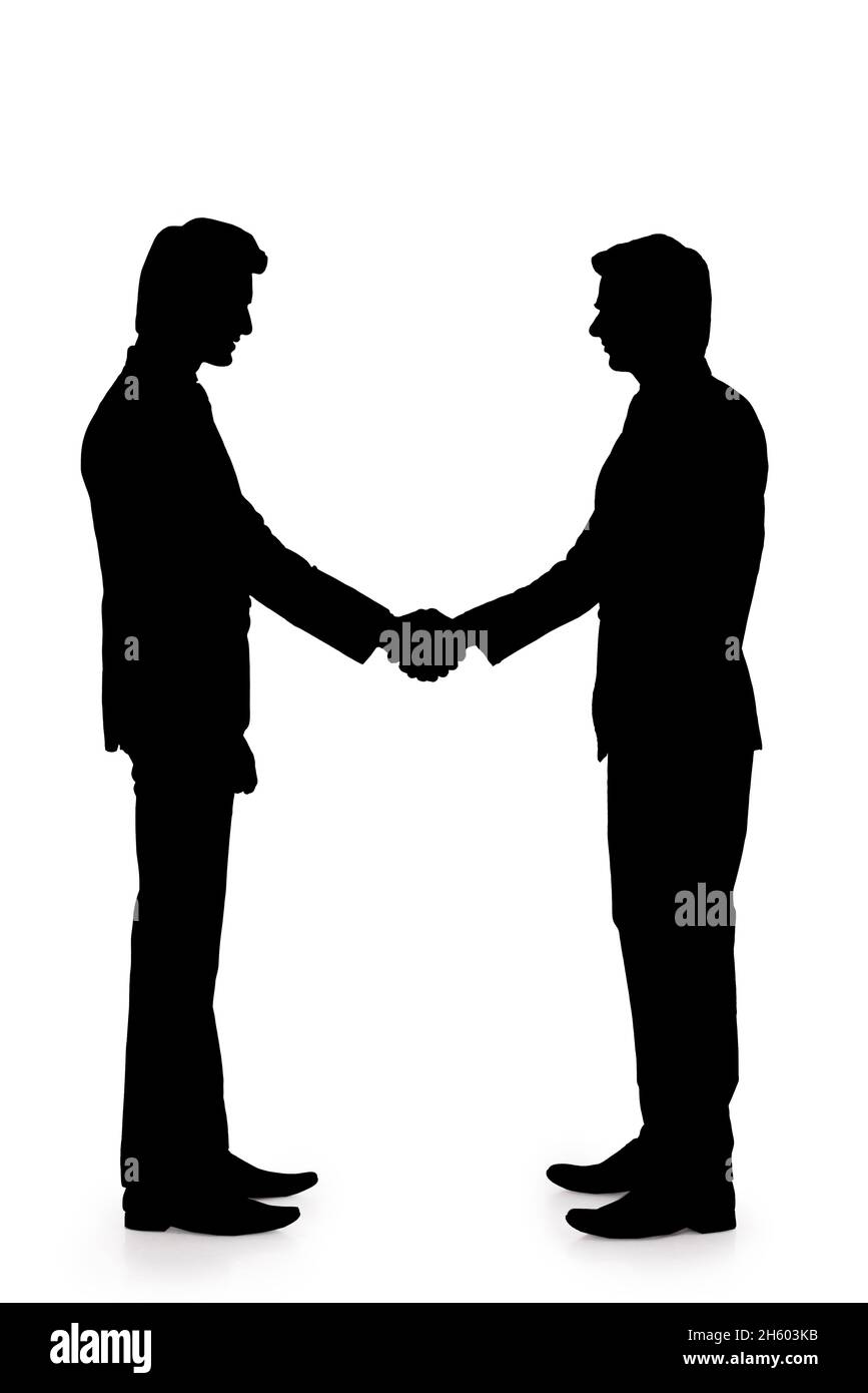 Ein schwarz-weißes Symbol für Männer in formeller Geschäftskleidung, die die Hände schütteln. Stockfoto