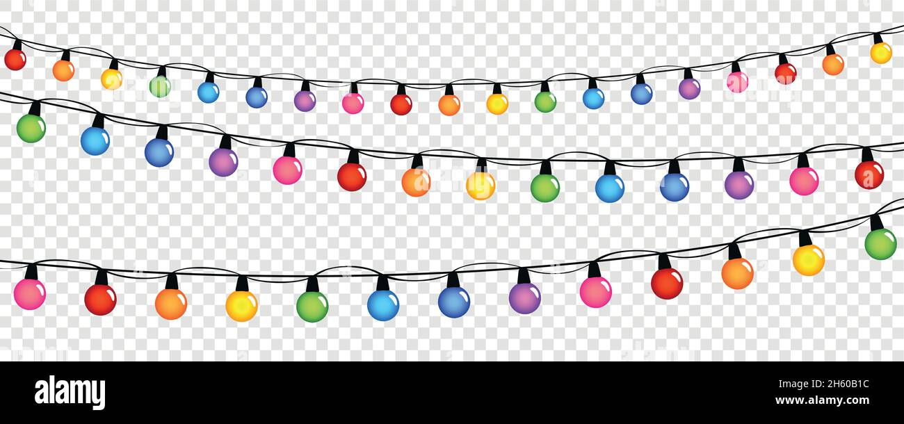 Bunte Lichterketten zum weihnachtsgeburtstag und Party isoliert Stock-Vektorgrafik