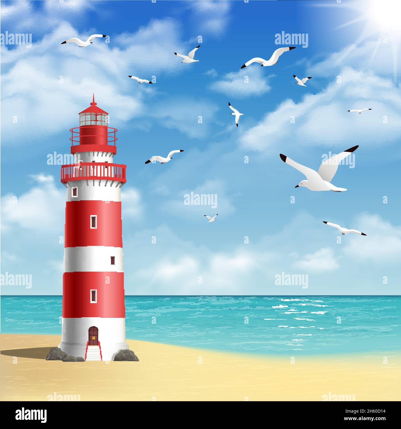 Realistischer Leuchtturm am Strand mit Möwen und Meer Vektordarstellung im Hintergrund Stock Vektor