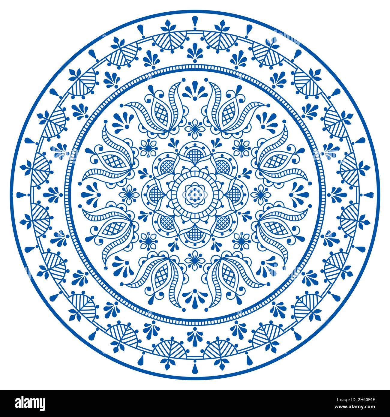 Skandinavische Blumen Mandala Vektor-Stickerei Folk Art Stil - nordische Umriss runden Muster mit Blumen und Blättern in blau auf weiß Stock Vektor