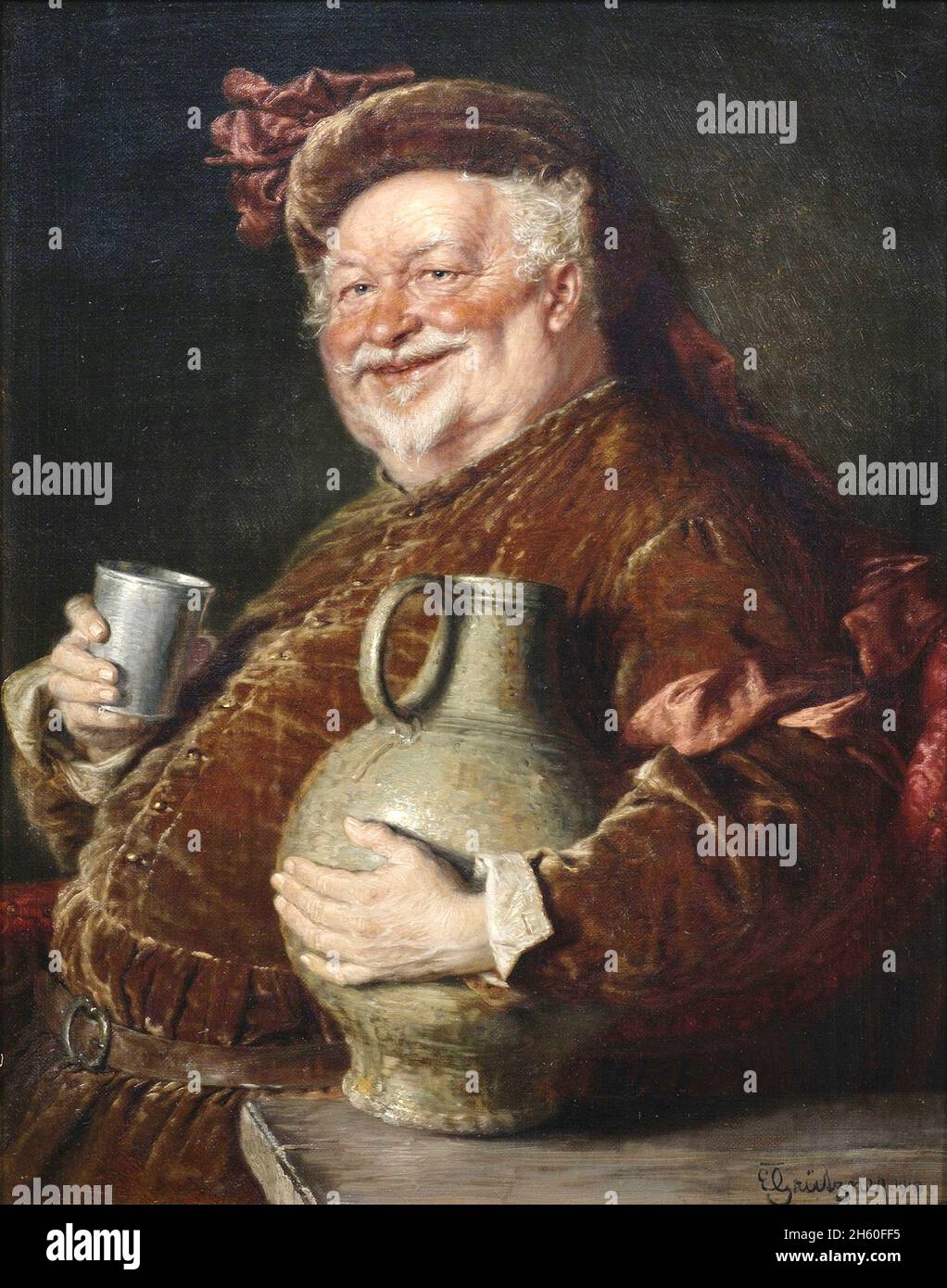 Eduard von Grützner - Falstaff am Tisch mit Weinkrug und Zinnbecher Stockfoto