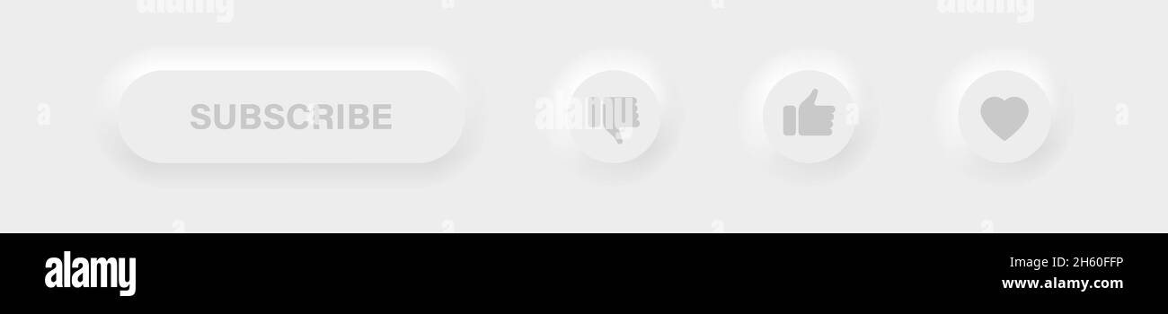 Subscribe-Taste mit „Gefällt mir“- und „Button-up“-Symbol auf der neumorphischen Vektorgrafik. Neumorphismus Social Media Buttons Konzept. Stock Vektor