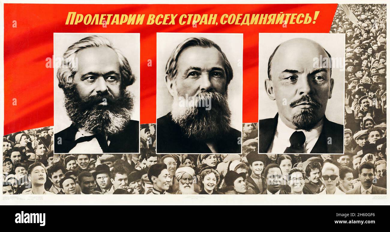 Sowjetische Propaganda (1963). Plakat - 'Proletarier aller Länder vereinigt euch!' Boris Berezovsky Kunstwerk. Karl Marx, Friedrich Engels und Vladimir Lenin. Stockfoto