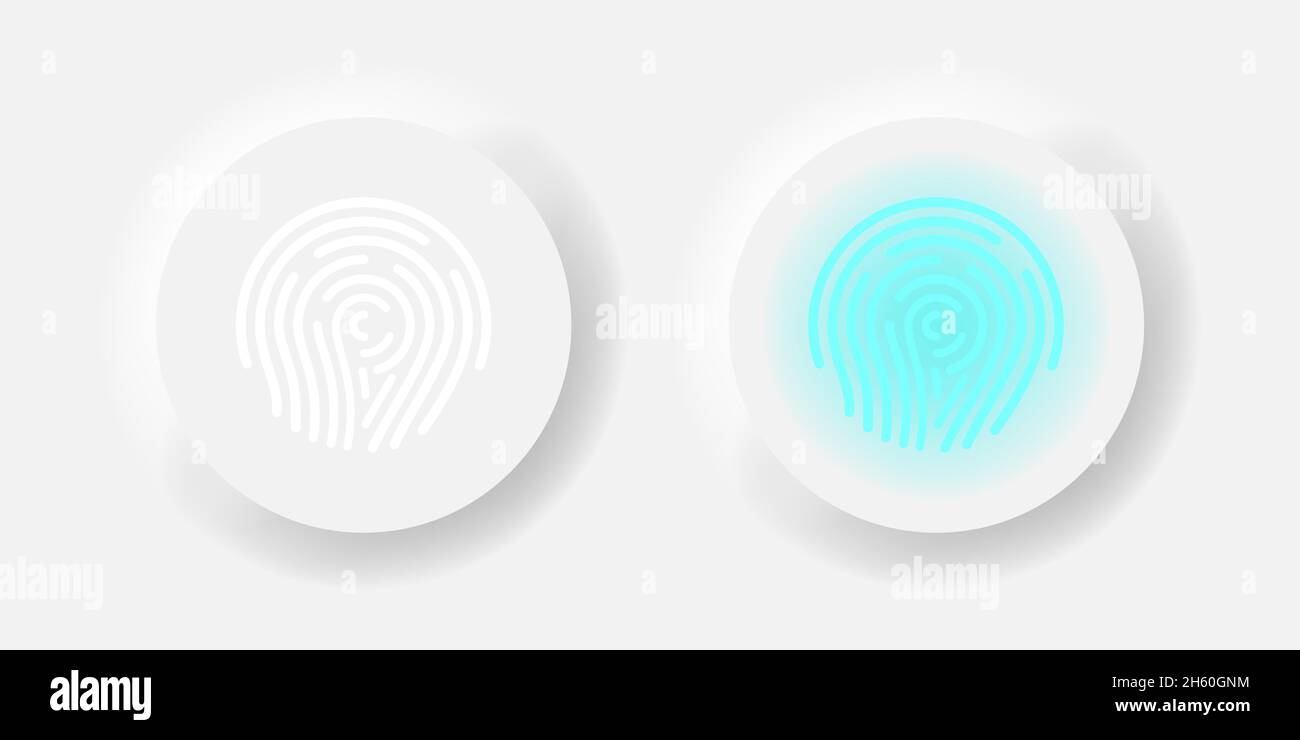 Fingerabdruck-Taste Vektor-Neumorphismus-Scan-Konzept. Abbildung des Designs der Benutzeroberfläche für das Fingerpasswort. Stock Vektor