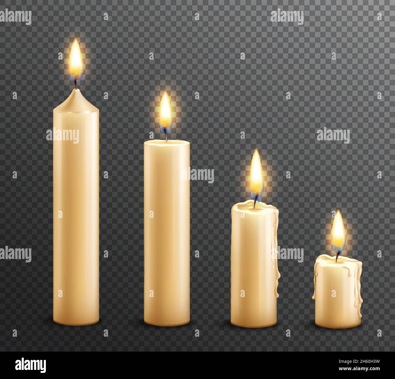 Brennende Wachskerzen realistisches Set von 4 angeordnet von hoch Zum Gesetz über dunkle transparente Hintergrundvektordarstellung Stock Vektor