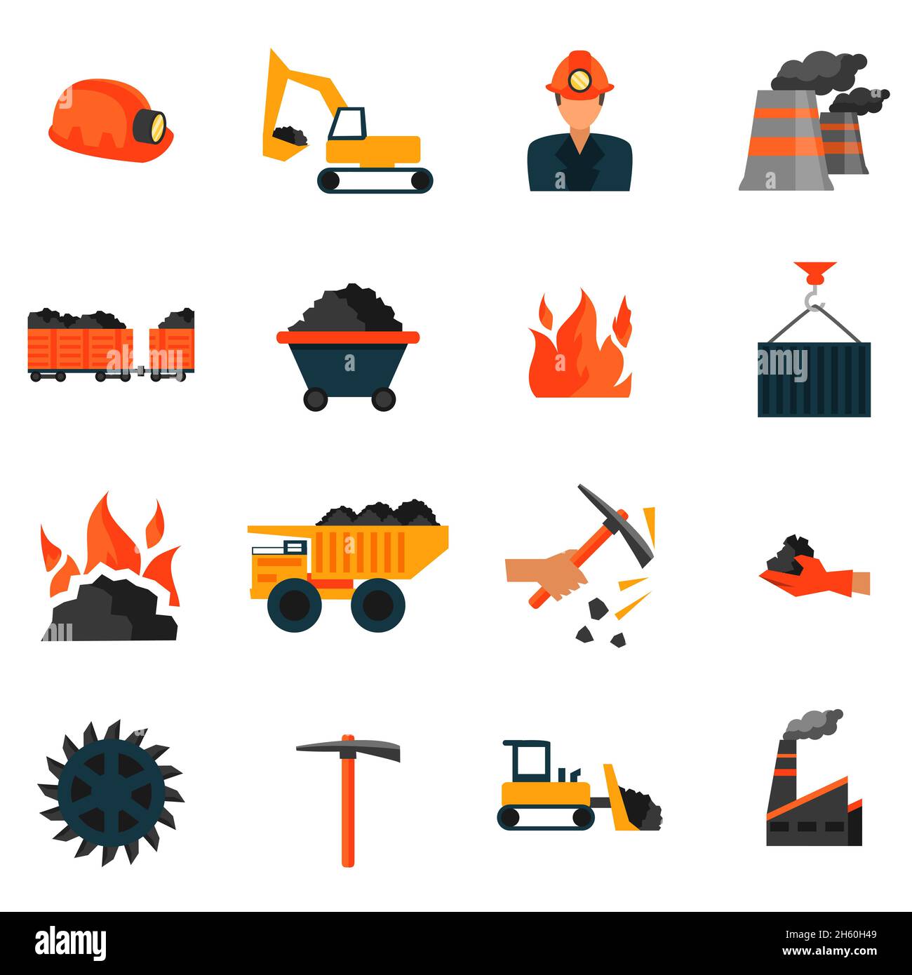 Kohle Bergbau Fabrik Industrie Symbole setzen isoliert Vektor Illustration Stock Vektor