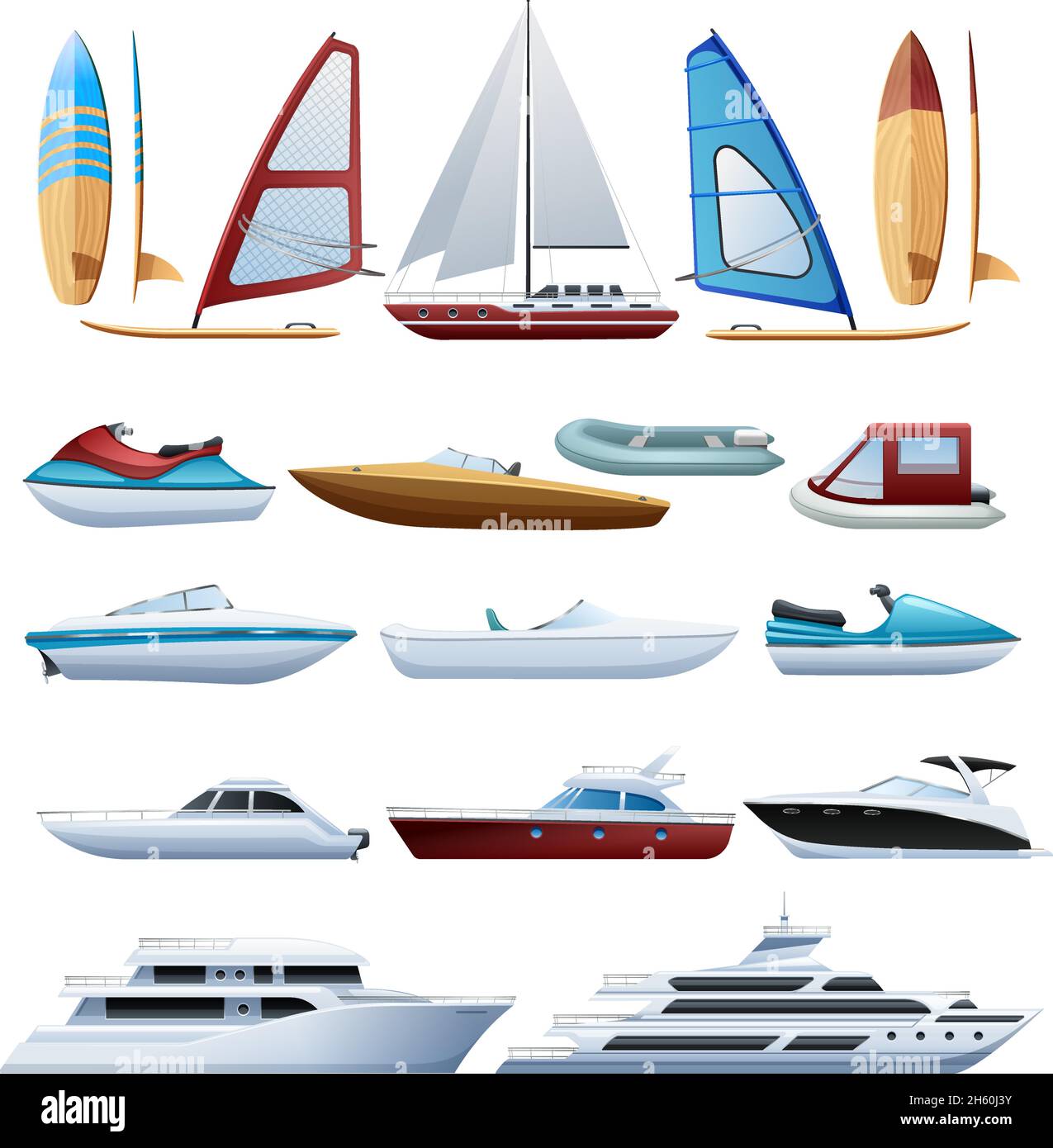 Motorboote Katamaran Windsurfer und Segelboot verschiedene Arten von Wasser Flache Transportsymbole setzen abstrakte isolierte Vektordarstellung Stock Vektor