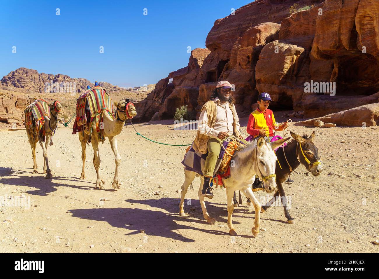 Petra, Jordanien - 23. Oktober 2021: Blick auf einen Beduinenmensch mit Kamelen und Eseln, in der alten nabatäischen Stadt Petra, Südjordanien Stockfoto