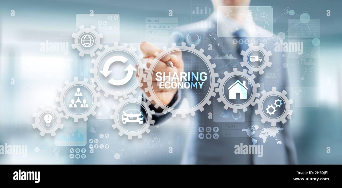 Gemeinsame Nutzung von Wirtschaft, Innovation und Technologie der Zukunft auf virtuellen Bildschirmen. Stockfoto