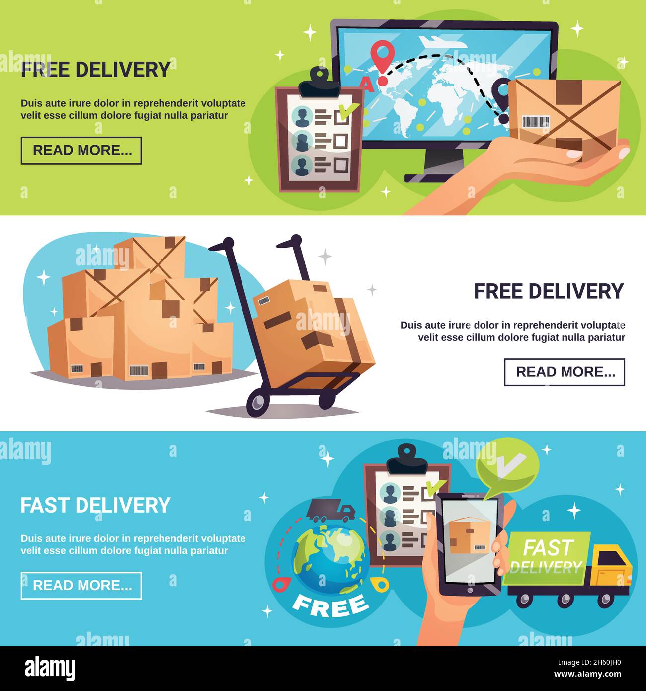 Kostenloser Versand Express-Lieferservice mit Online-Tracking 3 horizontal Hintergrund Banner Webseite Design isoliert Vektor Illustration Stock Vektor