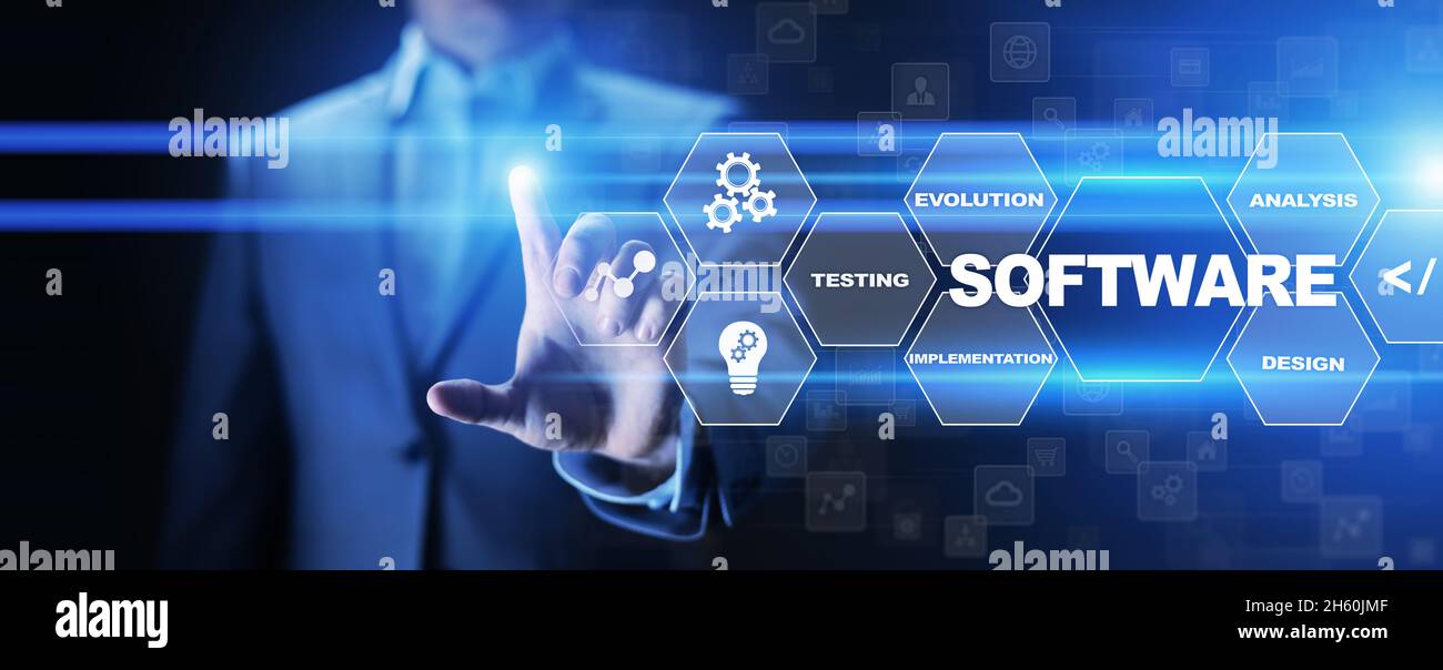 Softwareentwicklung und Automatisierung von Geschäftsprozessen, Internet- und Technologiekonzept auf virtuellem Bildschirm. Stockfoto