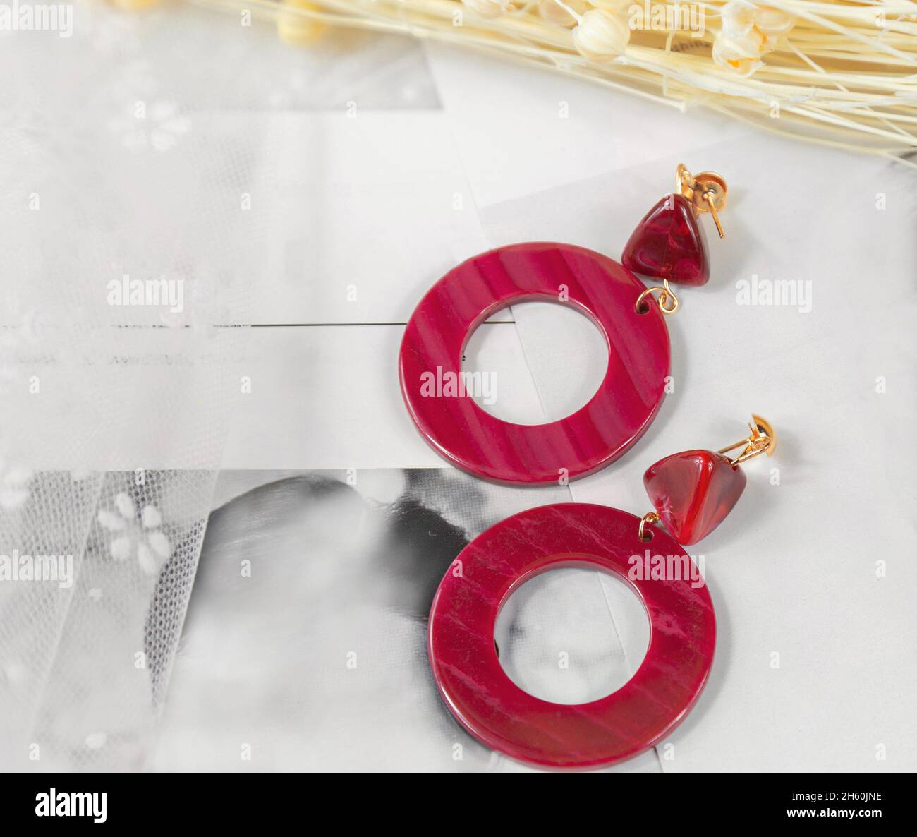 Rote Ohrringe und getrocknete Blumensträuße, legen Sie sie auf den Karton. Die Form der Ohrringe ist ein Ring, mit hellen Linien. Stockfoto Rote Ohrringe und getrocknete Blumensträuße, legen Sie sie auf den Karton. Die Form der Ohrringe ist ein Ring, mit hellen Linien. Stockfoto