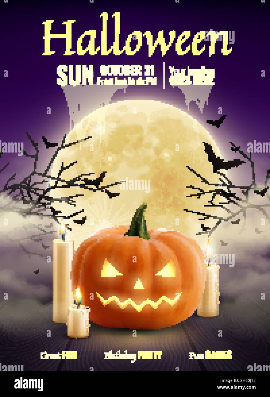 Halloween Party realistisches Poster mit Kürbiskerzen großer glühender Mond Ball in der Nacht funkeln Himmel und Fledermäuse Vektor-Illustration Stock Vektor