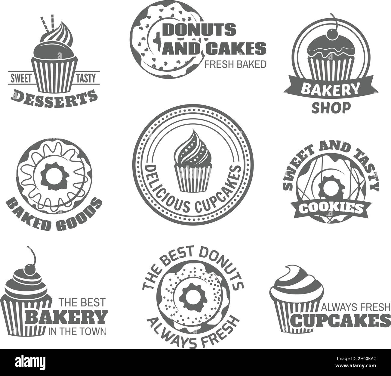 Essen süß lecker Desserts Donut und Cupcake Etiketten isoliert gesetzt vektorgrafik Stock Vektor