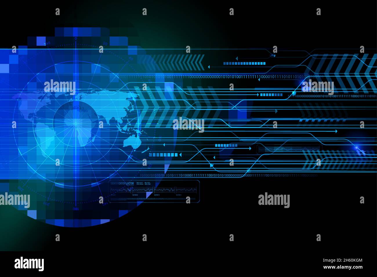 Leuchtende Bildschirm blaue Elemente der Suche Radar mit Weltkarte, Identifizierungsinformationen auf schwarzem Hintergrund Vektor-Illustration Stock Vektor