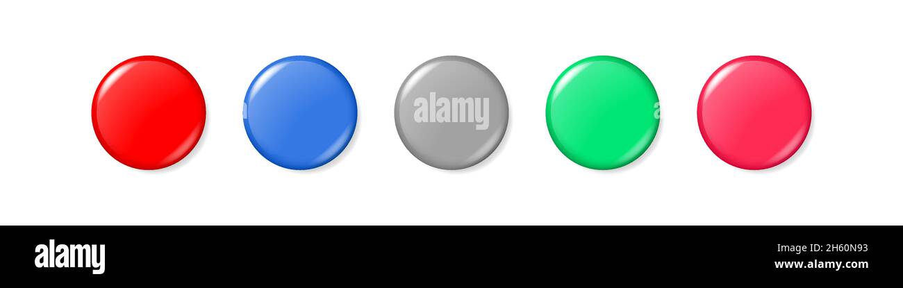 Rot, blau, grau, grün, rosa blank Taste bunte Set, Abzeichen Vektor realistische Tasten Sammlung. Modell für isolierte Web-Push-Elemente, grafische Illustration. Stock Vektor
