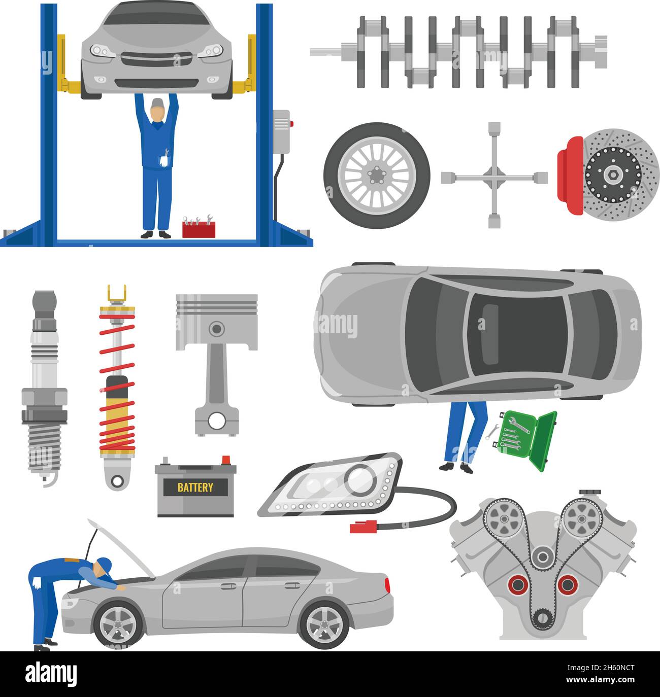Auto-Service dekorative Elemente mit Arbeitsmechanik Auto-Ersatz gesetzt Teile Hebewerkzeuge isolierte Vektor-Illustration Stock Vektor