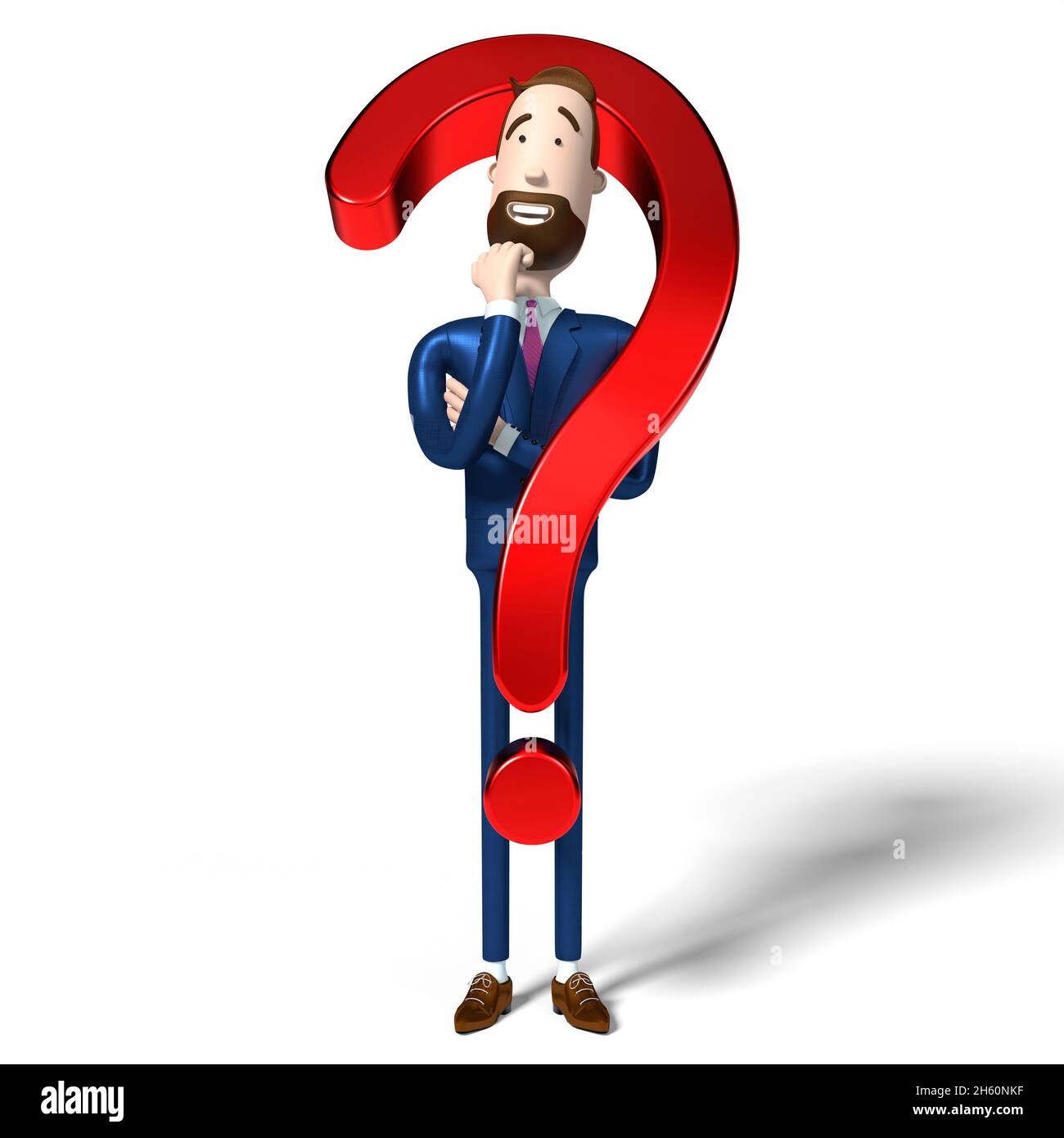 Schöner Cartoon Geschäftsmann und Fragezeichen Zeichen - 3D-Illustration Stockfoto