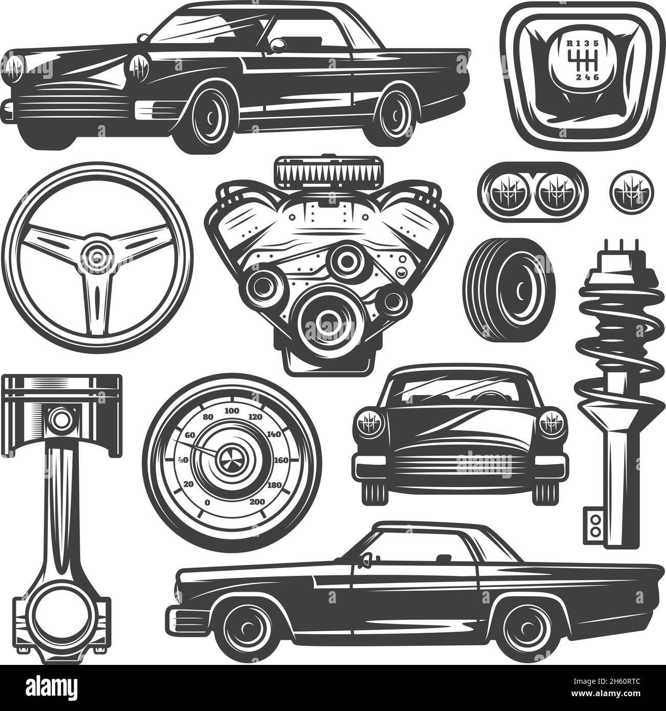 Oldtimer-Komponenten-Sammlung mit Automobil-Motor Motor Kolbenlenkung Radreifenscheinwerfer Tachometer Getriebe Stoßdämpfer isoliert vecto Stock Vektor