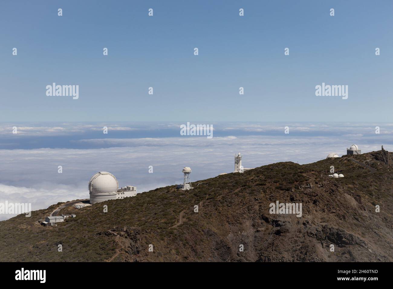 Observatorium Roque de los Muchachos (ORM) auf La Palma, Kanarische Inseln, Spanien. Carlsberg Meridian, William Herschel, Dutch Open, Mercator, Swedish Solar Stockfoto