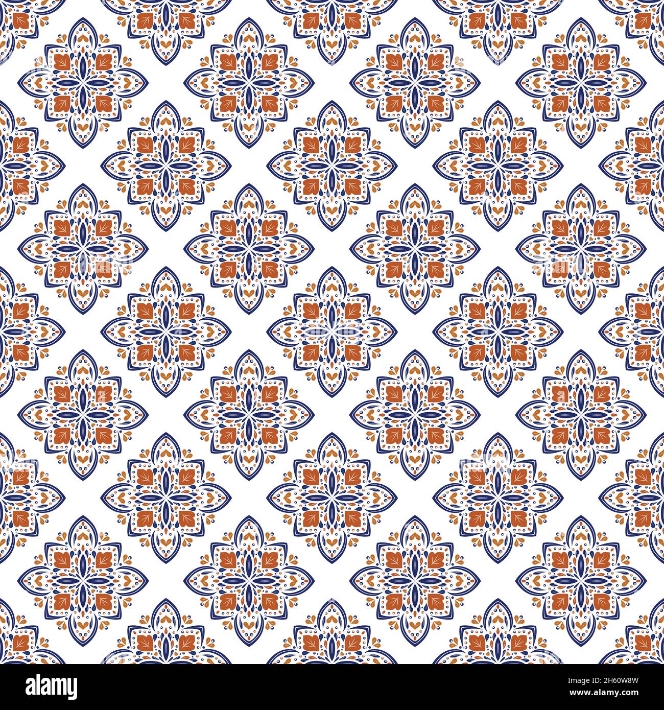 Blau und orange ornamentales Nahtmuster. Vintage-Elemente. Ornament. Traditionelle, ethnische, türkische, indische Motive. Ideal für Stoff und Textil, Tapeten, Verpackungen oder jede gewünschte Idee. Stock Vektor