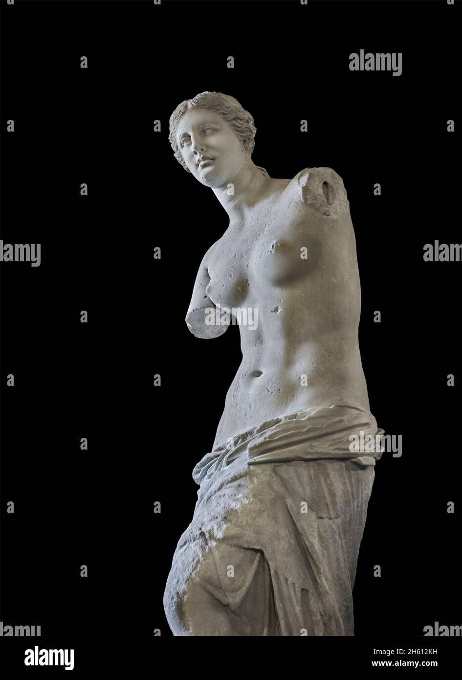 Venus de Milo ancinet Griechische Statue der Aphrodite, um 150 und 125 v. Chr., Louvre Museum Ma399 oder N527. Aphrodite wird in einem Brötchen mit Kopfban als Haar dargestellt Stockfoto