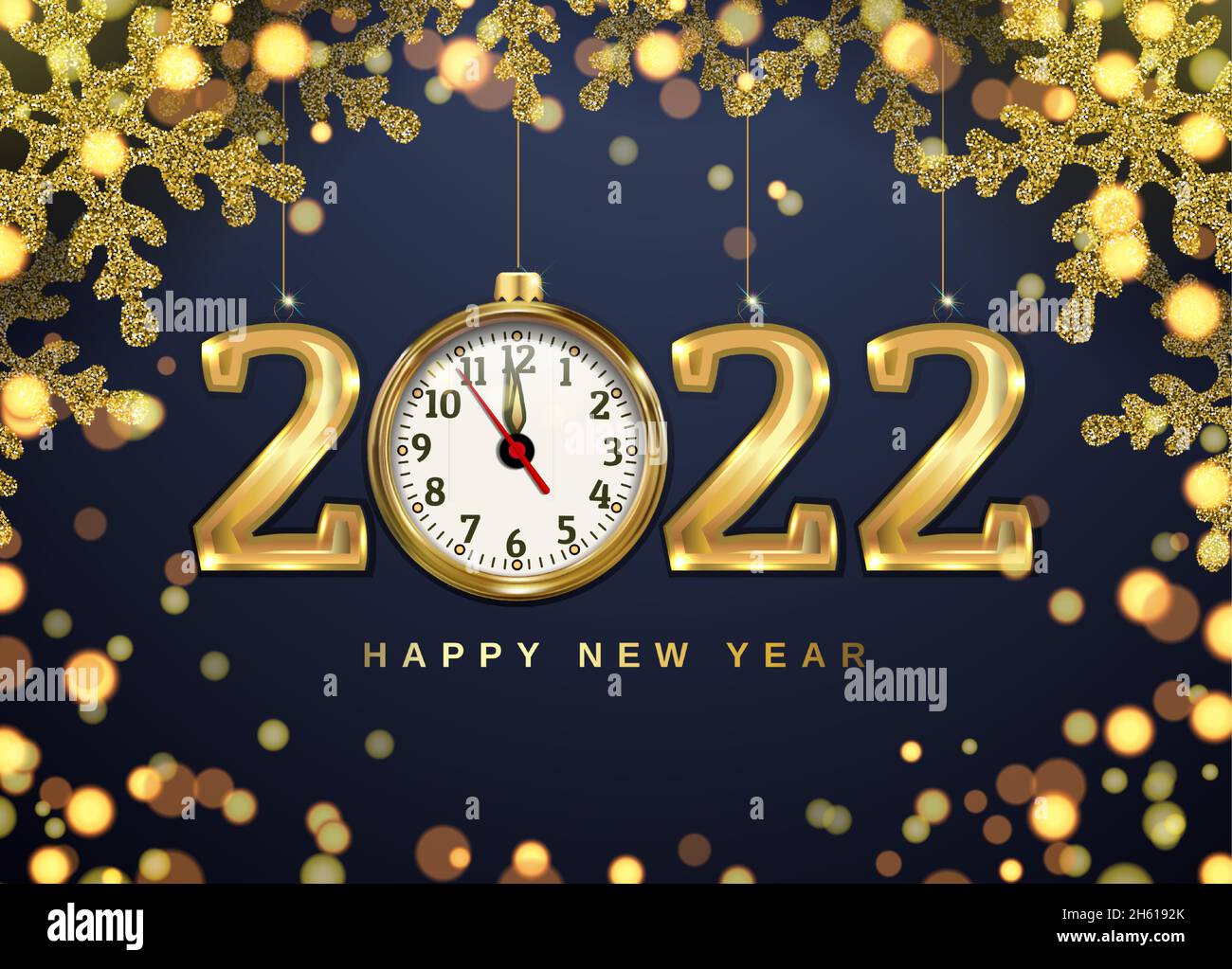 Weihnachtsbanner mit Uhr, Schneeflocken und Zahlen 2022. Goldener Glitzer und helles Bokeh. 3D realistische Darstellung auf schwarzem Hintergrund. vektor. Stock Vektor