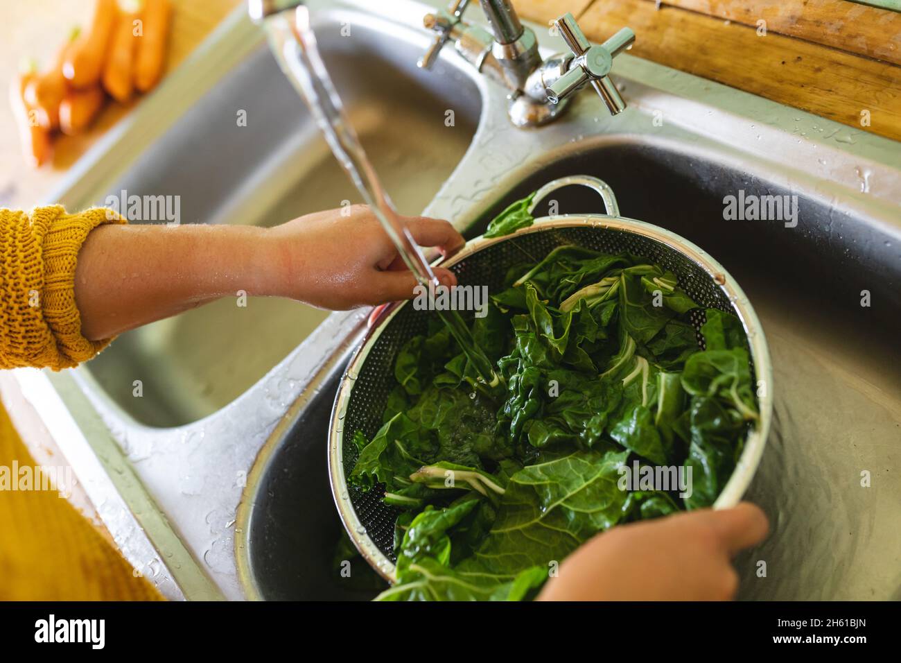 Hände einer jungen Frau, die grünes Blattgemüse im Sieb unter Wasser im Spülbecken waschen Stockfoto