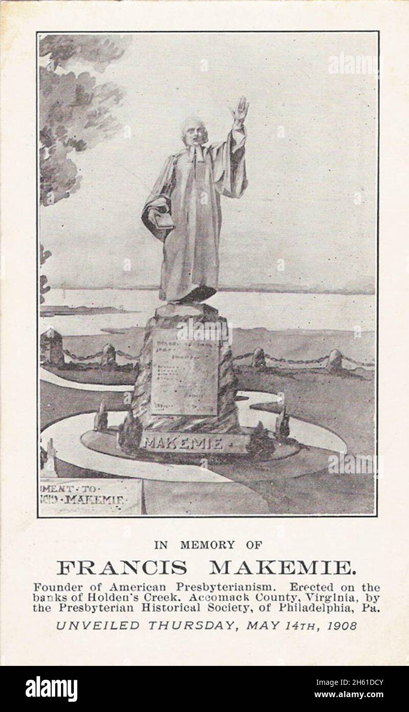 Statue von Makemie am Ufer des Holdens Creek in Accomack County, Virginia Stockfoto