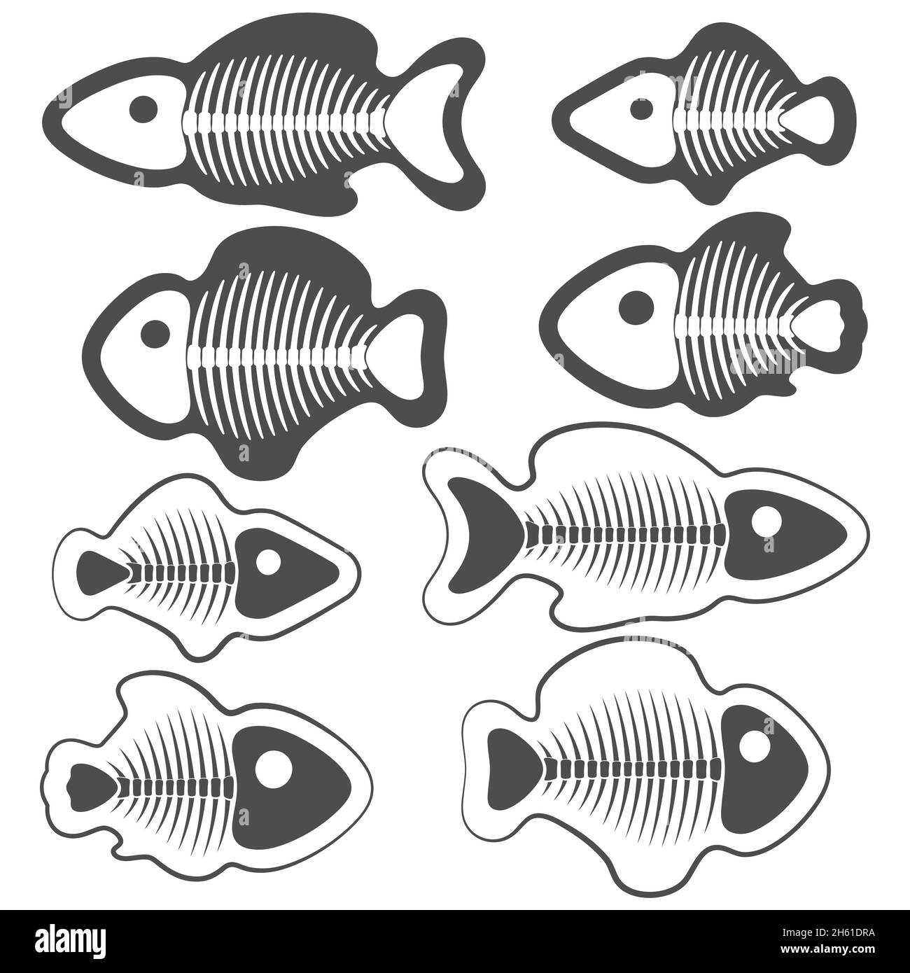 Set von schwarz-weißen Illustrationen von Fischen mit Skeletten. Isolierte Vektorobjekte auf weißem Hintergrund. Stock Vektor