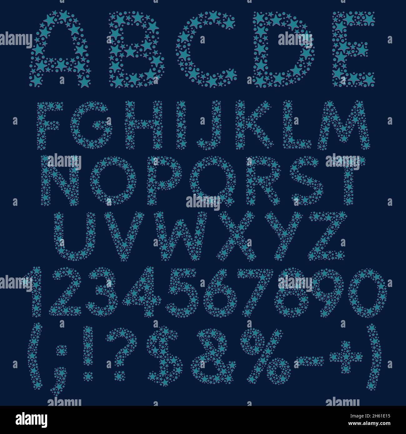 Alphabet, Buchstaben, Zahlen und Zeichen von blauen Sternen, Kreise mit rosa Schatten. Isolierte Vektorobjekte. Stock Vektor