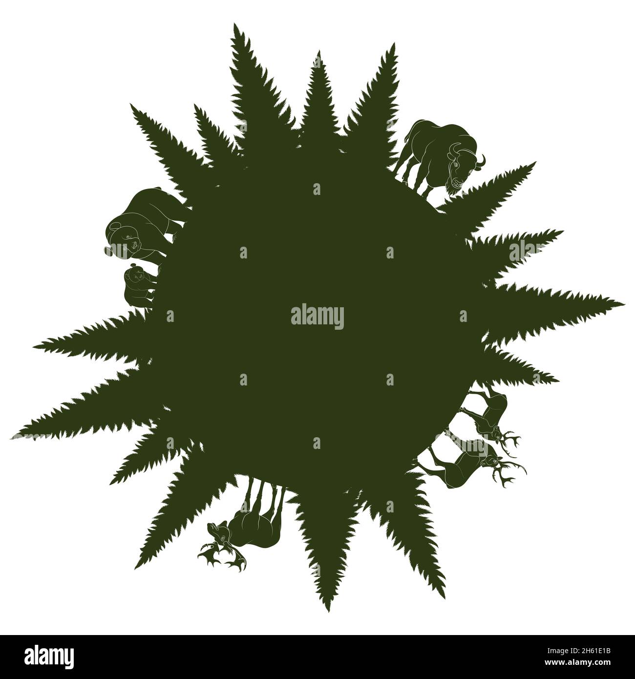 Silhouetten von wilden Waldtieren und Bäumen in einem Kreis angeordnet. Vektorgrafik. Stock Vektor