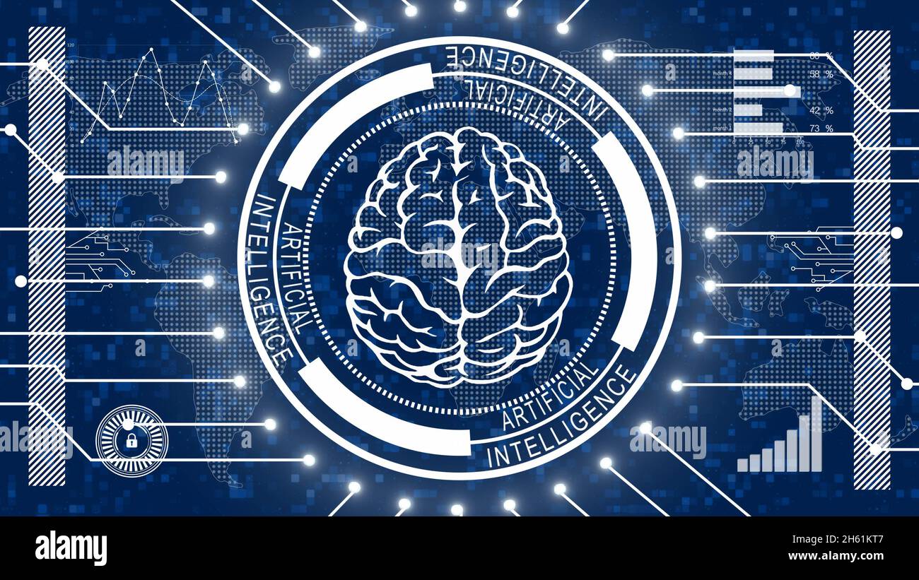 Gehirnsymbol zentriert in Schriftzügen für künstliche Intelligenz auf Ringelementen - symbolisch für künstliche Intelligenz von KI - abstrakter Hintergrund Stockfoto