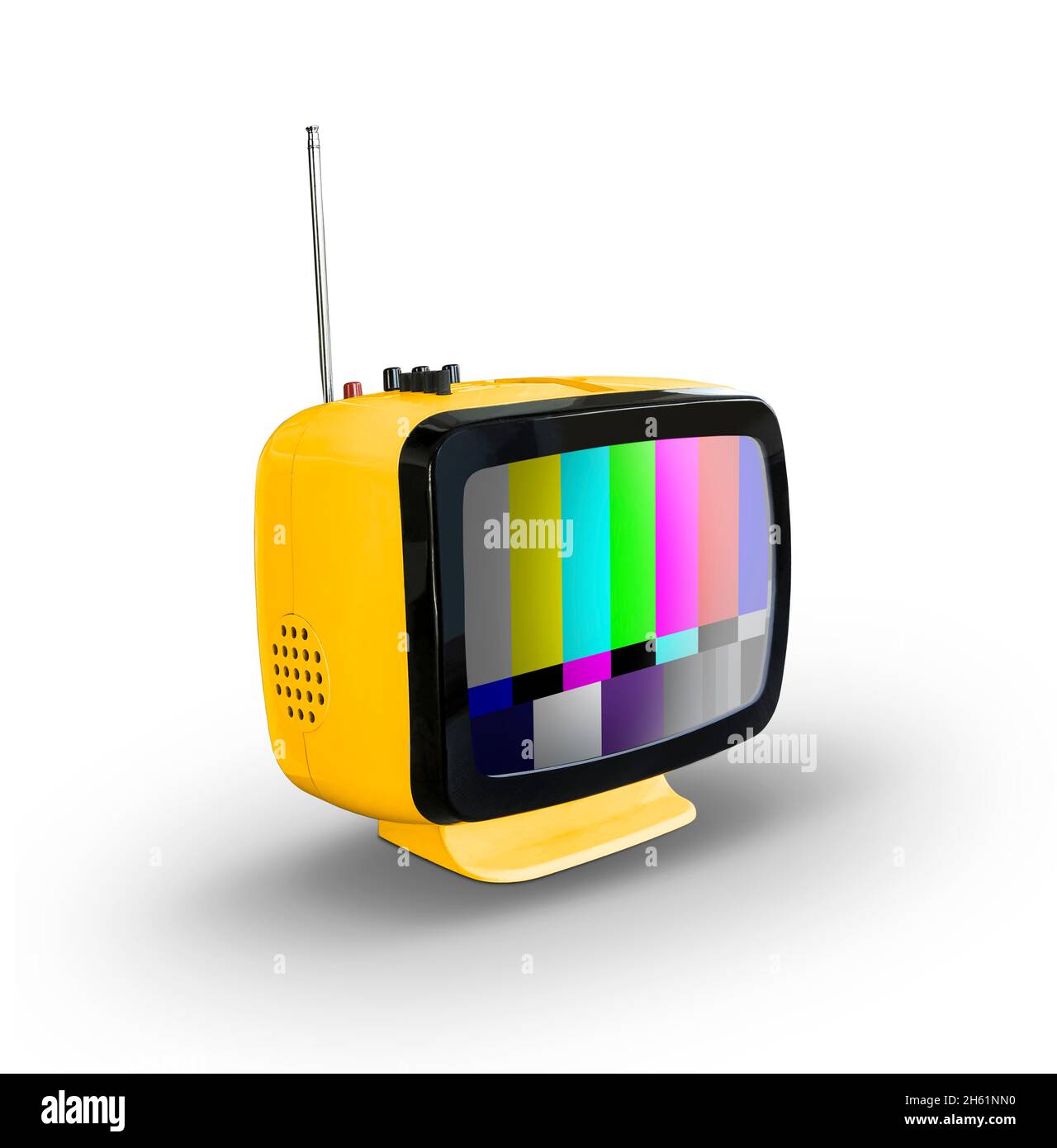 Gelber Retro-Fernseher auf weißem Hintergrund isoliert Stockfoto