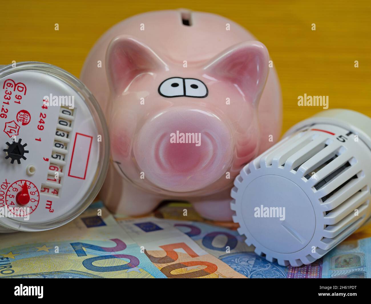 Sparschwein mit Heißwasserzähler und Thermostat auf Banknoten Stockfoto