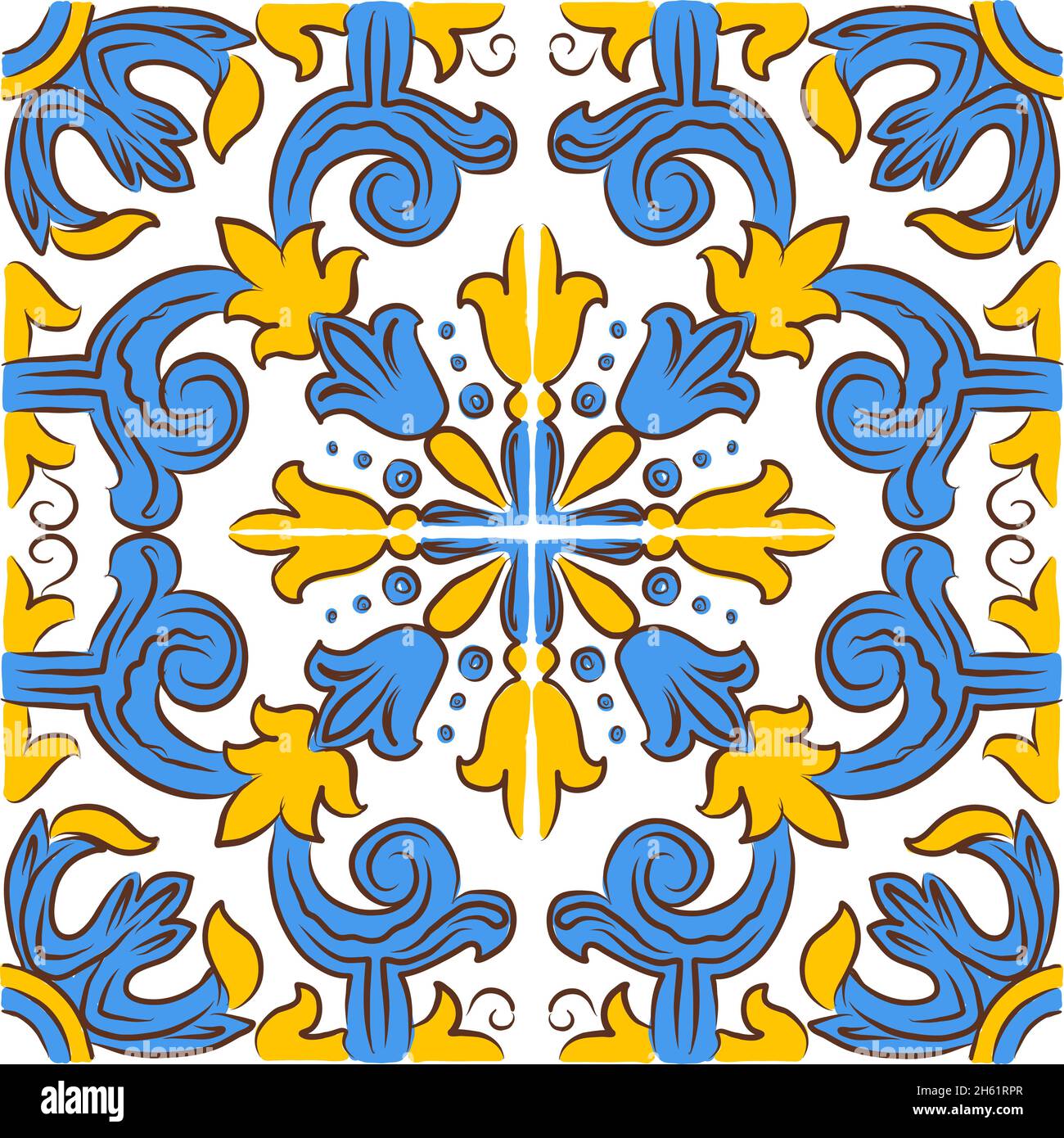 Handgezeichnete portugiesische Azulejos mit Blumenmuster. Vektor nahtlose Muster Grau abstrakter Hintergrund für Web-Hintergrund, Druck, Kissen, Oberflächenstruktur, Tapete. Stock Vektor