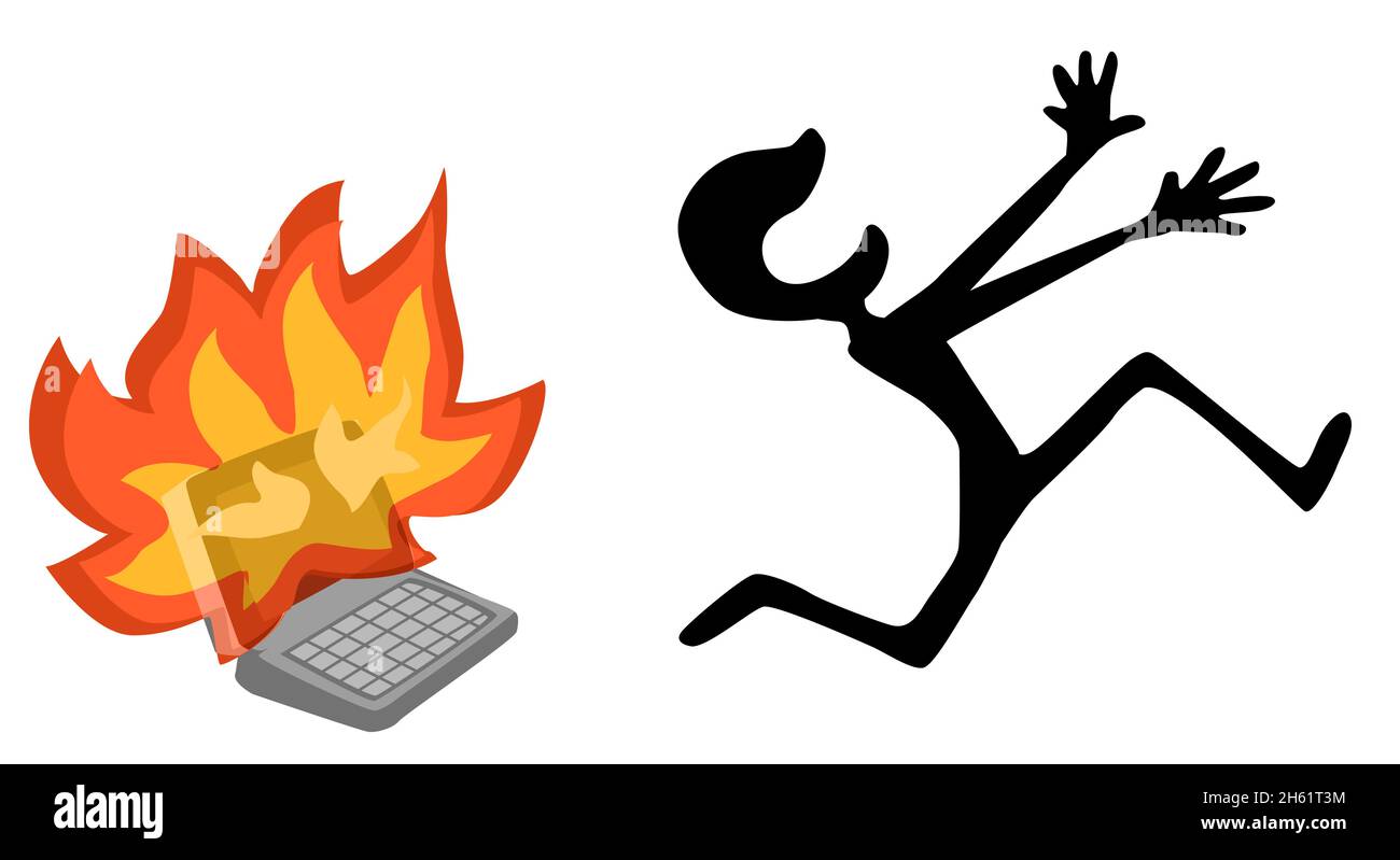 Benutzer läuft von brennenden Laptop-Computer-Bildschirm, Cartoon-Farbe Vektor Illustration, horizontal, isoliert Stock Vektor